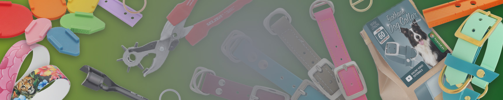 Waterproof dog collars, reflective dog collars, dog leashes and couplers.